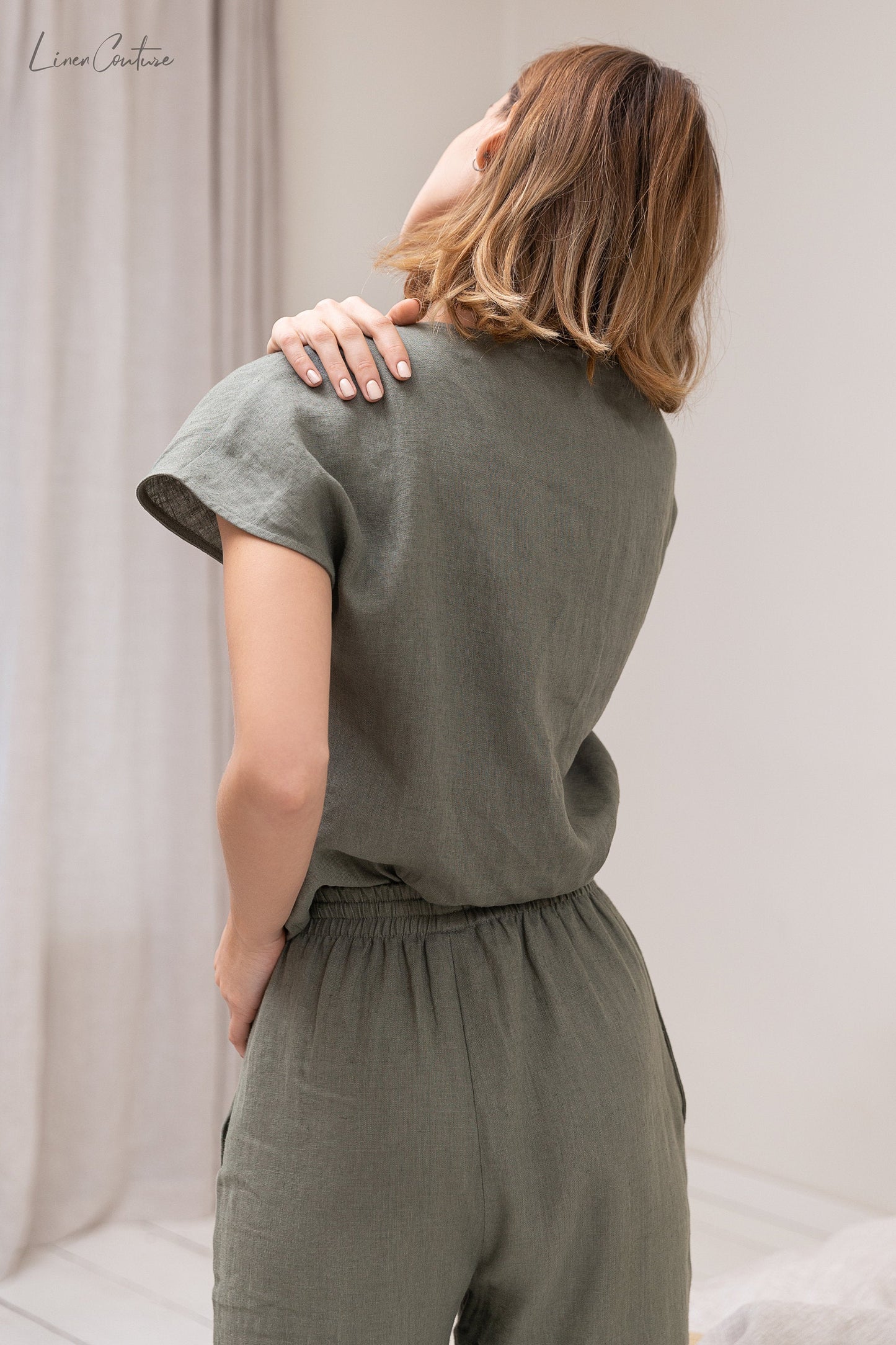 Safari Green Linen Pajama Set | Linen Loungewear