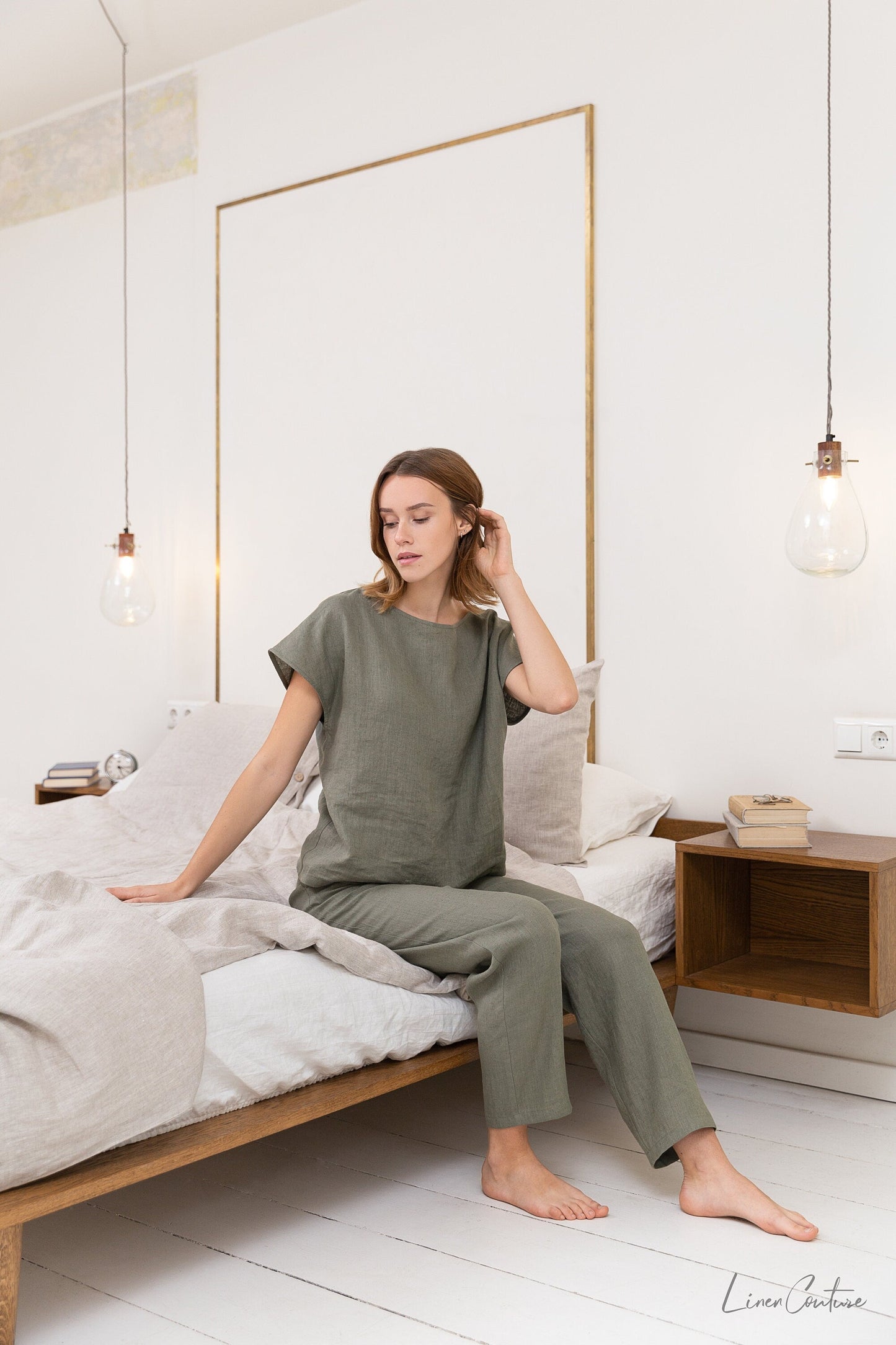 Safari Green Linen Pajama Set | Linen Loungewear